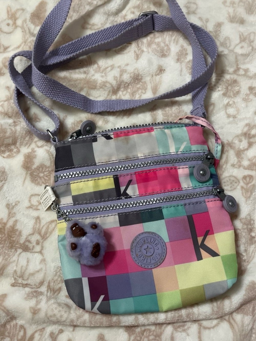 Kipling Pastel Plaid Kids Crossbody Bag with Lavender Strap